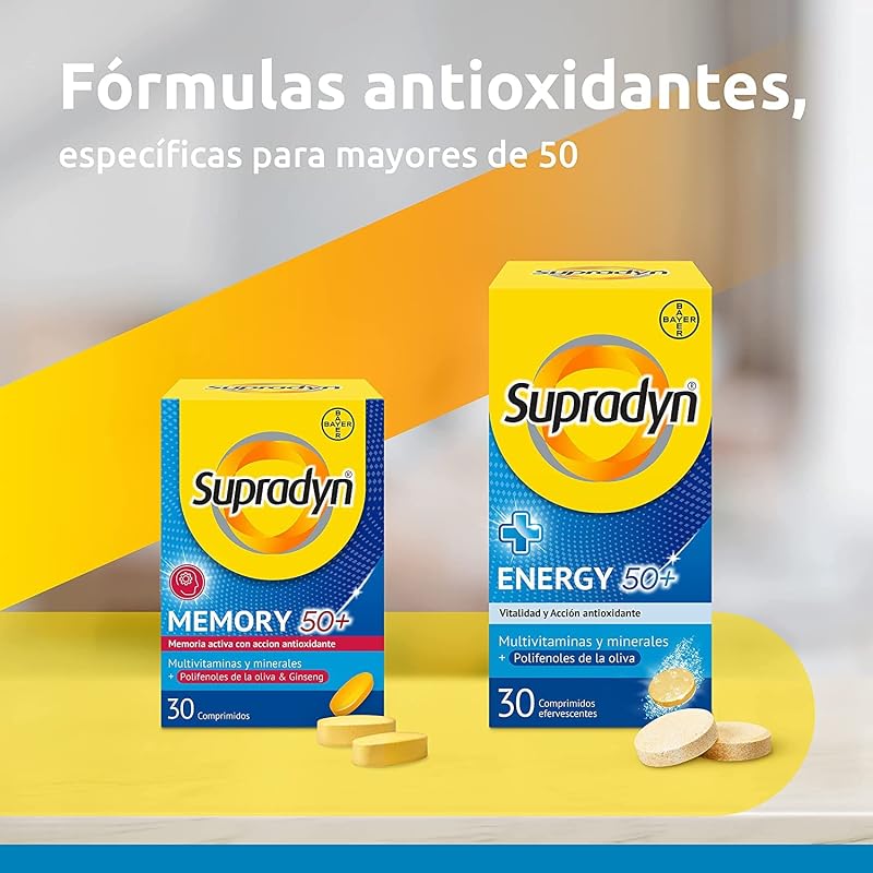 Multivitamínicos Memory 50+ para memória e concentração, Vitaminas, Vitamina C, Minerais, Ginseng, Zinco, Sem Glúten, Sem Lactose, Laranja, Amarelo, 30 comprimidos