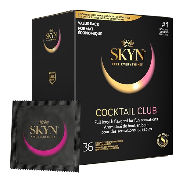 SKYN COCKTAIL CLUB FLAVORED NON-LATEX CONDOMS, 36 COUNT – PIÑA COLADA, CHERRY SUNRISE & PASSION DAIQUIRI ASSORTED FLAVORS – SOFT & LUBRICATED FOR A NATURAL FEEL