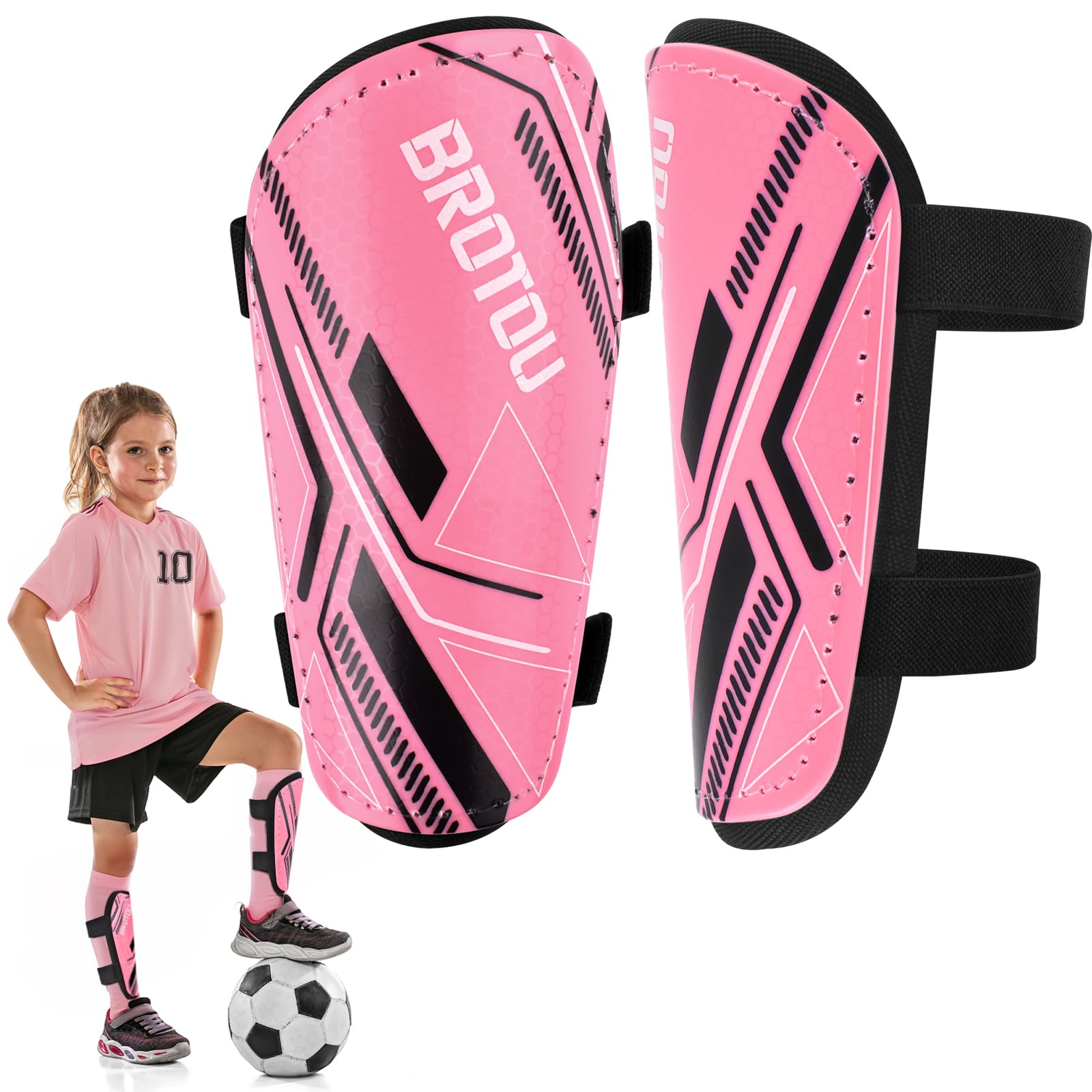 Junior Shin Pads, BROTOU Youth Football Shin Guards, Breathable Non Slip Extended Adjustable Straps Lightweight High Strength Leg Calf Protective Gear for Boys Girls Teens (Pink, L)