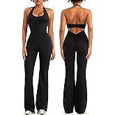 Relety Womens Flare Jumpsuits One Piece Halter Neck Twist Back Sleeveless Butt Scrunch Workout Romper Yoga Bodycon Unitard
