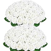 50 Pcs White Roses Artificial Flowers, Real Touch Velvet Roses Bouquet Fake Flowers Bulk, Artificial Roses with Long Stems for Valentines Day Gift DIY Bridal Wedding Centerpiece Decorations