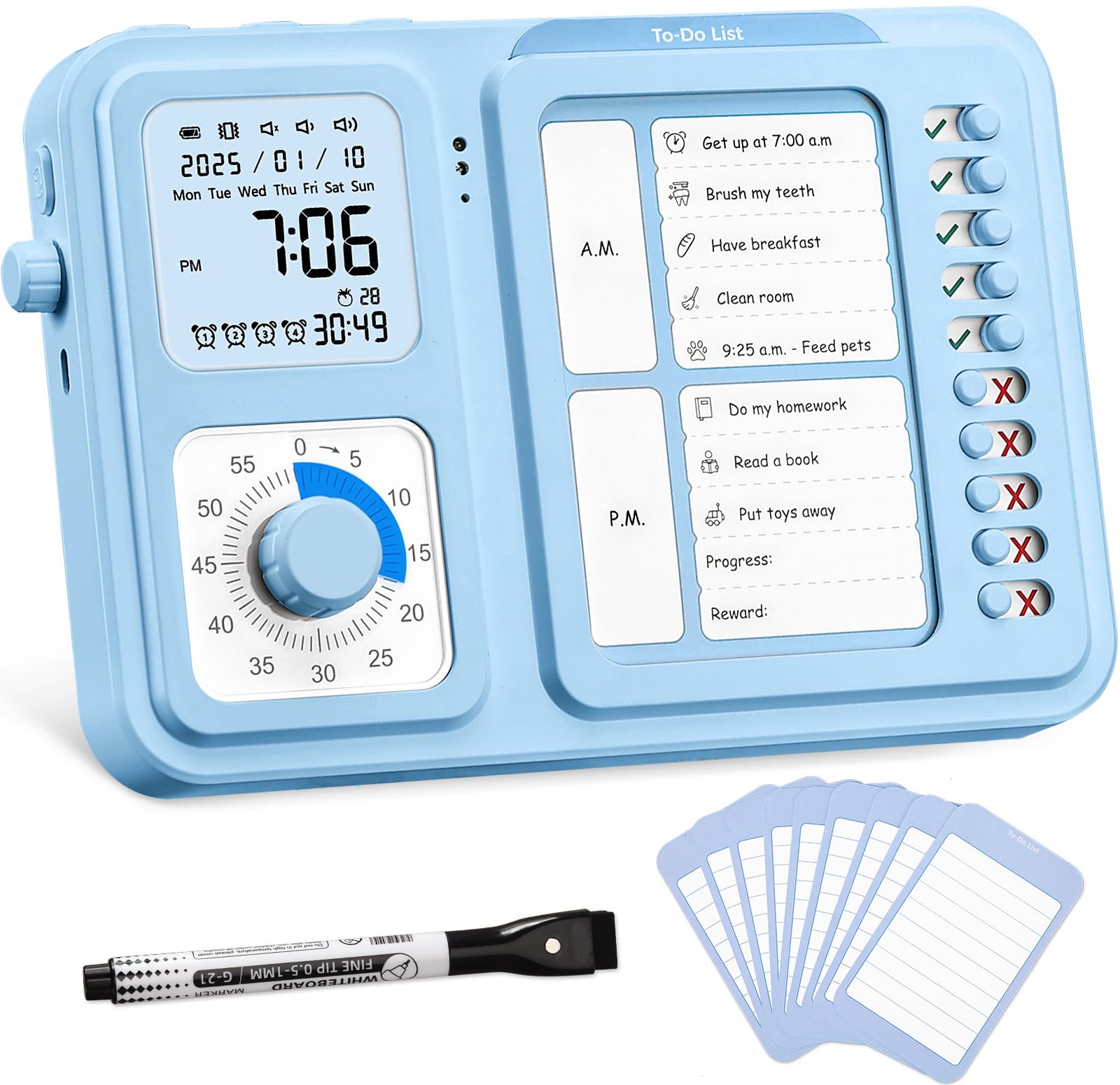 Photo 1 of 3-in-1 Visual Timer & ADHD Tool for Kids|Adults, Task Timer with Chore Chart Board, Visual Schedule for Kids with Autism, Daily Checklist for Home, School, Classroom, Desk (Blue)