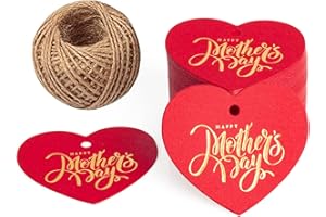 LAOBAN 100pcs Mother's Day Gift Tags, Paper Heart-Shaped Hang Tags with 98ft Natural Jute Twine for Gift Bags and DIY Projec(Red)