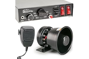 BooYu 9 Tone 12V 200W Warning Emergency Police Siren PA System [Black Steel Speaker][Handheld Microphone][Hands-Free][125-135dB][2 x 10A Switches] for Firefighter Ambulance Vehicles Truck SUV ATV UTV