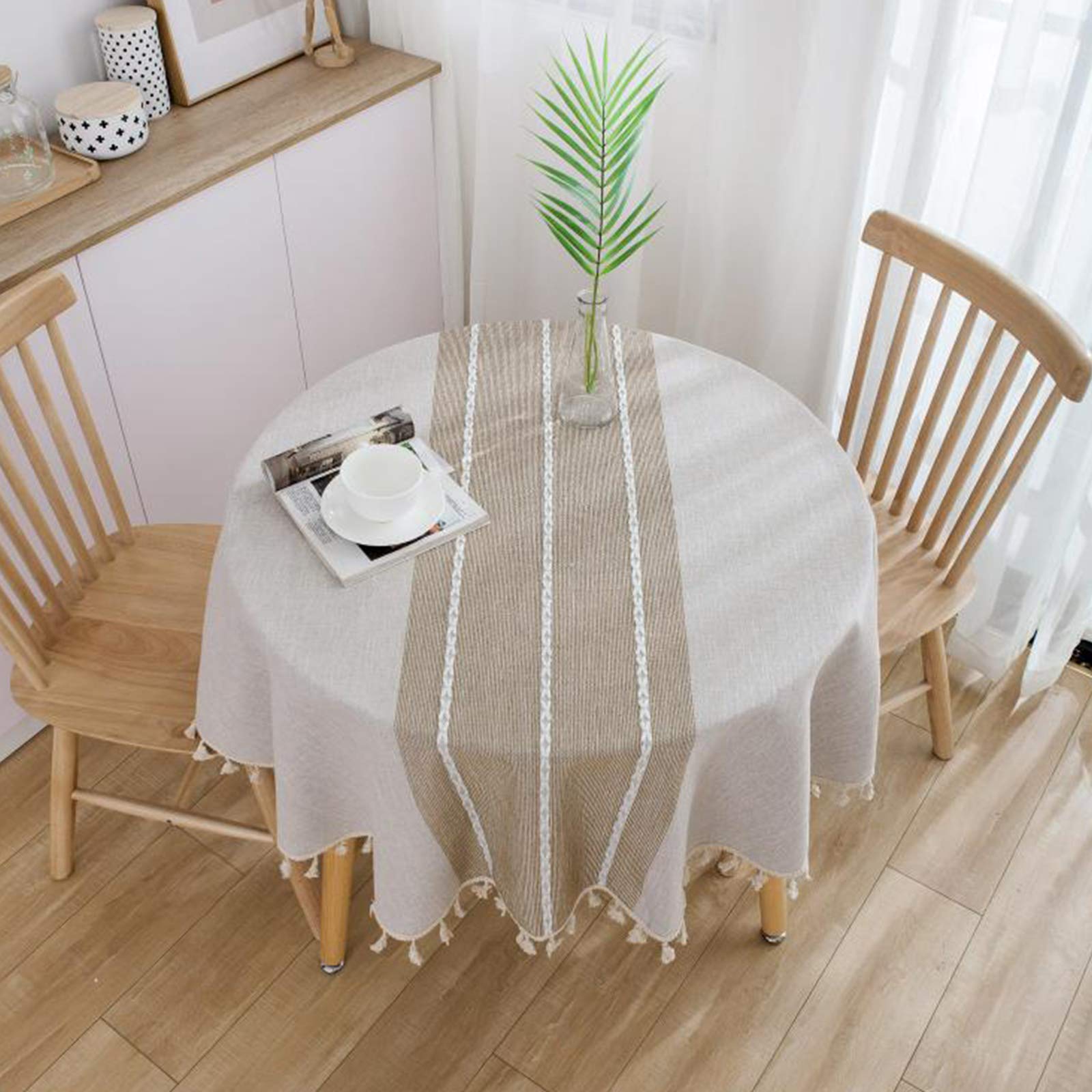 Photo 1 of Vonabem Table Cloth Tassel Cotton Linen Table Cover for Kitchen Dinning Wrinkle Free Table Cloths (Coffee, 60in Round)