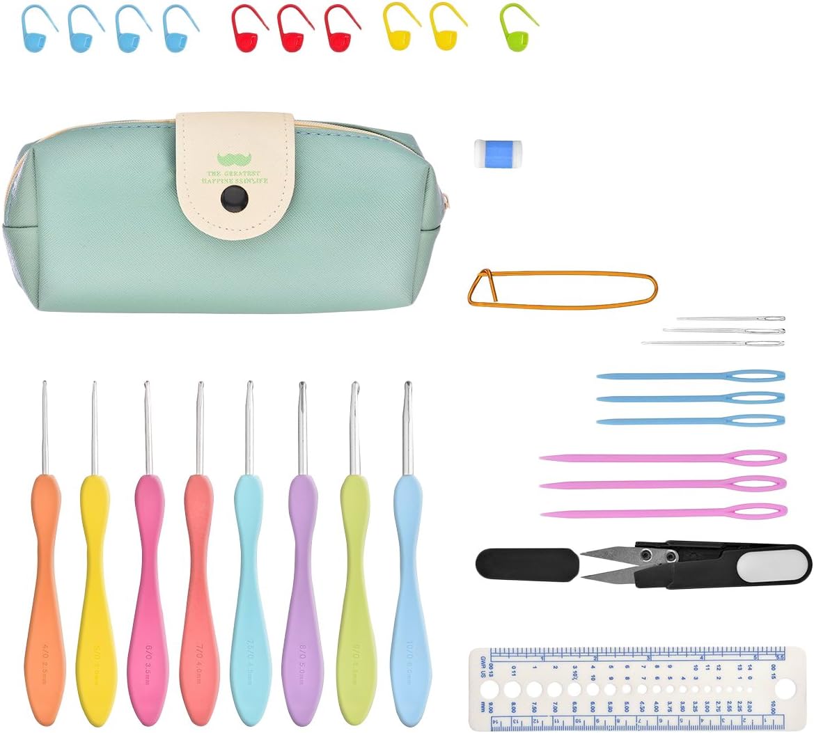 UCASEK Crochet Kit,BCMRUN Ergonomic Crochet Hooks with Grips, Crochet Hook Case Organizer Bag,8pcs Comfort Grip Crochet Needles, Rubber Handle Crochet Hook Knitting Needle Set With Latch Hook