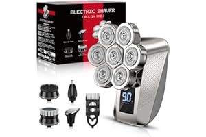 PEACEONE Head Shavers for Bald Men, IPX7 Waterproof Shaver, 7D Rechargeable Rotary Shaver, 5 in 1 Grooming Kit for Men, Wet/Dry Shaver Hair Trimmer with LED Display, USB Charging, Storage Bag-Silver