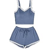 SHENHE Women's Cami Pajama Set Lace Trim Sleepwear Sleeveless Soft Knit Shorts Pjs Lounge Set