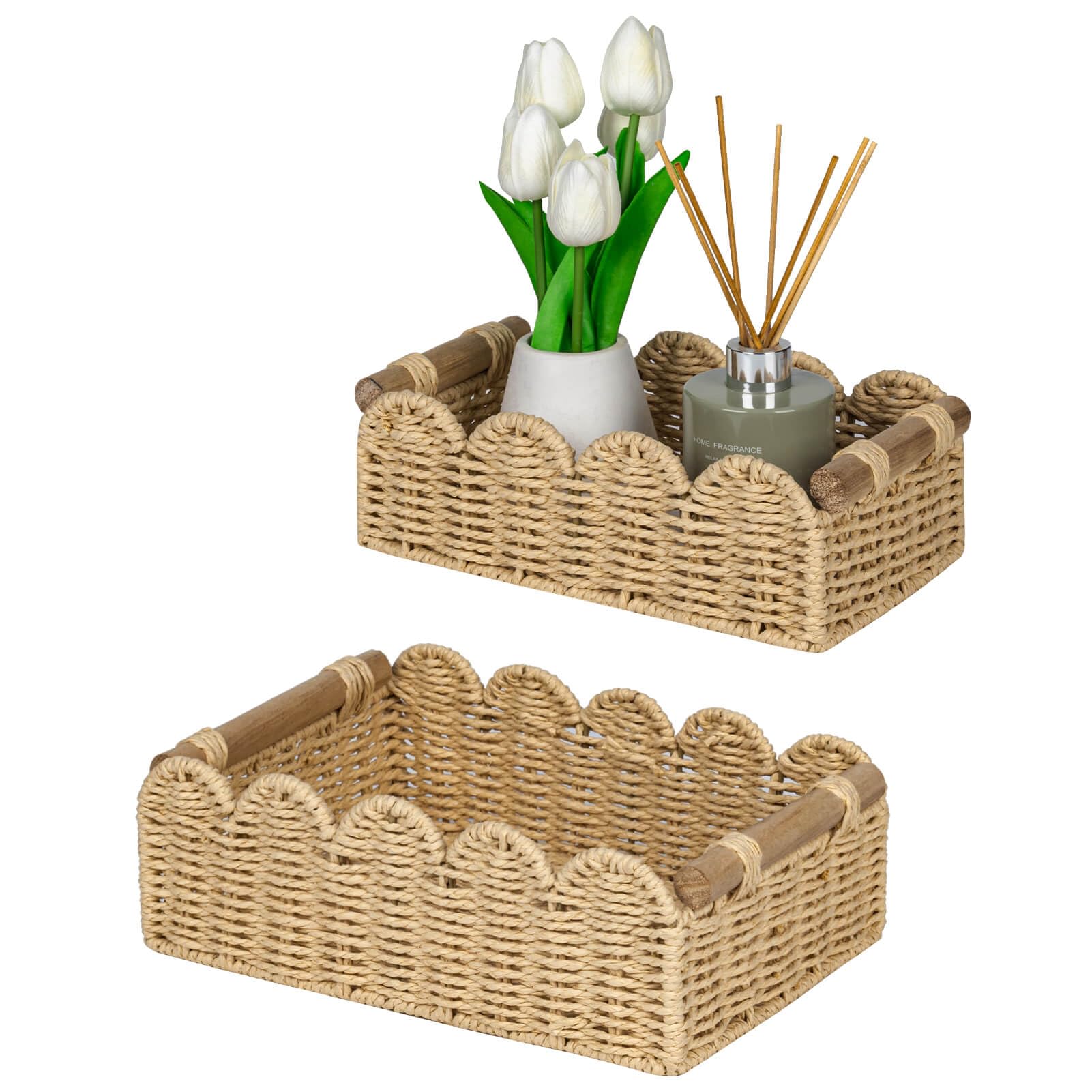 Photo 1 of CubesLand Scalloped Edge Decor Baskets for Home, Living Room, Toilet Paper Storage Basket for Over Toilet Shelf, End Table,Shelves and More, Small Paper Rope Baskets Both Storage&Decor, Set 2 Beige