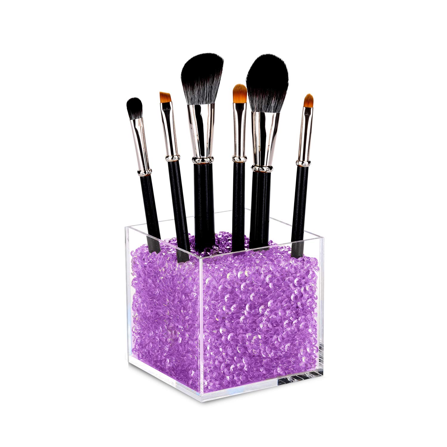 Angzhia Acrylic Makeup Brush Holder with Acrylic Diamonds: Countertop Cosmetic Organizer Cube. Includes Over 10,000 6mm Sparkling Rhinestone Crystal Gems to Organize Burshes (10x10x10, Light Purple)