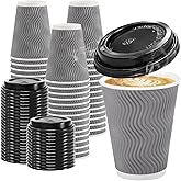 Clawsoff 100 Pack 12 oz Disposable Coffee Cups with Lids, Insulated Ripple Wall To-Go Paper Coffee Cups Suitable for Chocolate Cocoa and Hot/Cold Drinks (Grey)