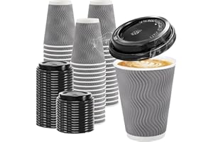 Clawsoff 100 Pack 12 oz Disposable Coffee Cups with Lids, Insulated Ripple Wall To-Go Paper Coffee Cups Suitable for Chocolate Cocoa and Hot/Cold Drinks (Grey)