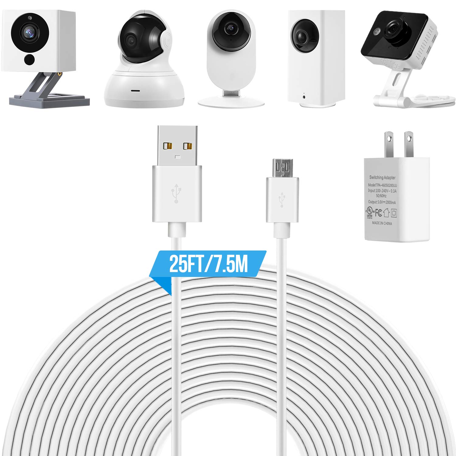 25 ft/ 7.5 m Power Extension Cable with Power Adapter Compatible with Blink Cam, Wyze Cam, Nest Cam Indoor, YI Dome Cam, Furbo Dog and Home Security Camera (1 Pack)