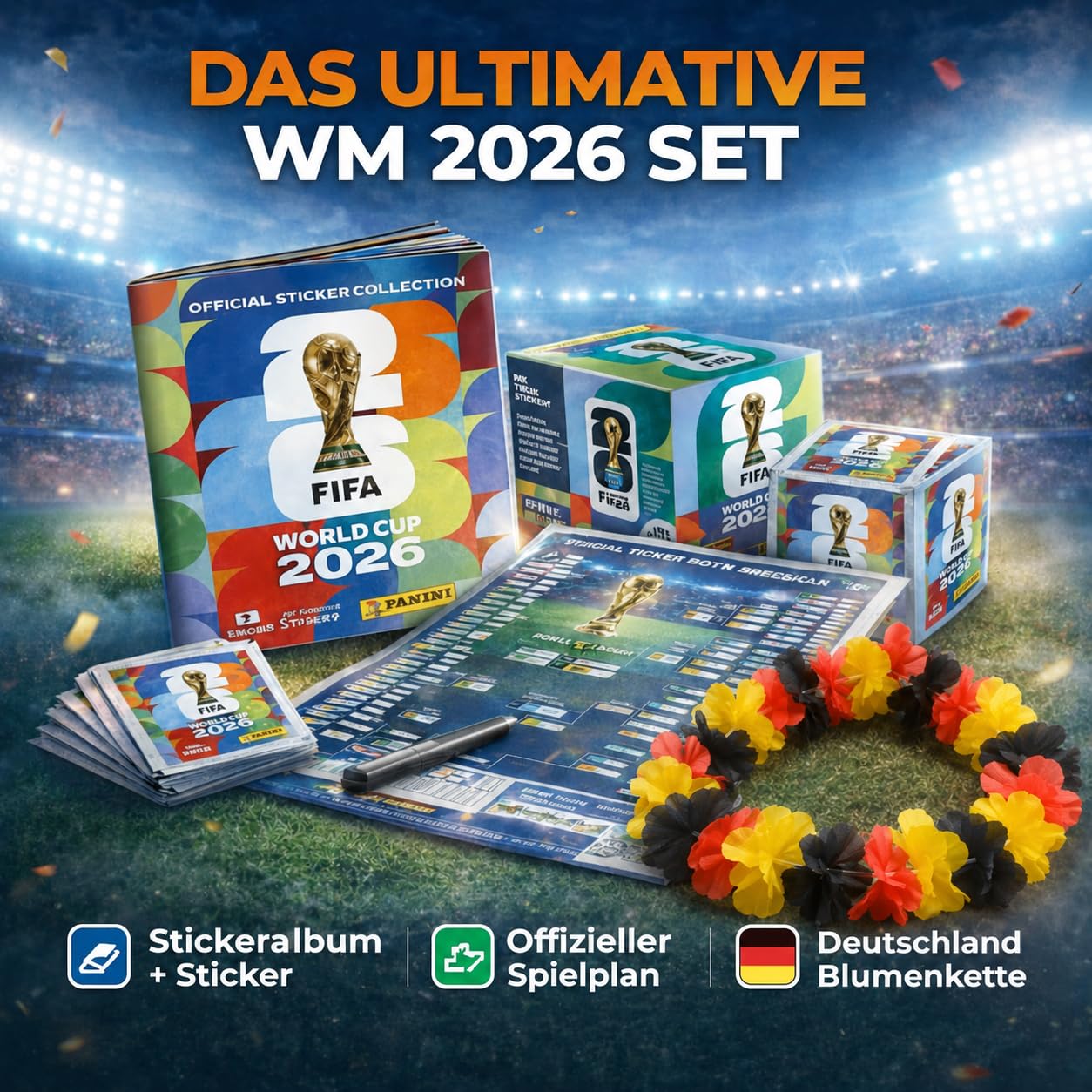 XXL Fan Starterset WM 2026 – Original Panini Sticker Album, Extra 1x Spielplan & Deutschland Blumenkette (25 Tüten / 175 Sticker Set) Eigenmarkenbundle 2