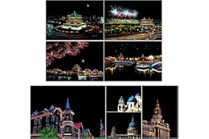 Rainbow Painting Scratch Paper By BOTEEN, City Series Night Scene,Scratch Painting Creative Gift,Scratchboard for Adult and Kids,with 4 Tools,Size:11.7''x8.3''（A4）（8PACK）