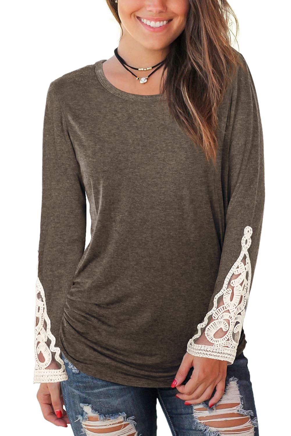 WIHOLL Women Solid Color Tunic Long Sleeve Basic Round Neck Tops Coffee