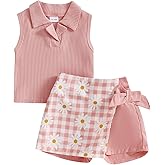 Madjtlqy Toddler Baby Girls Summer Outfit Sleeveless Ribbed Collared Tank Tops + Floral Skirt Shorts Set Kids Cute Clothes