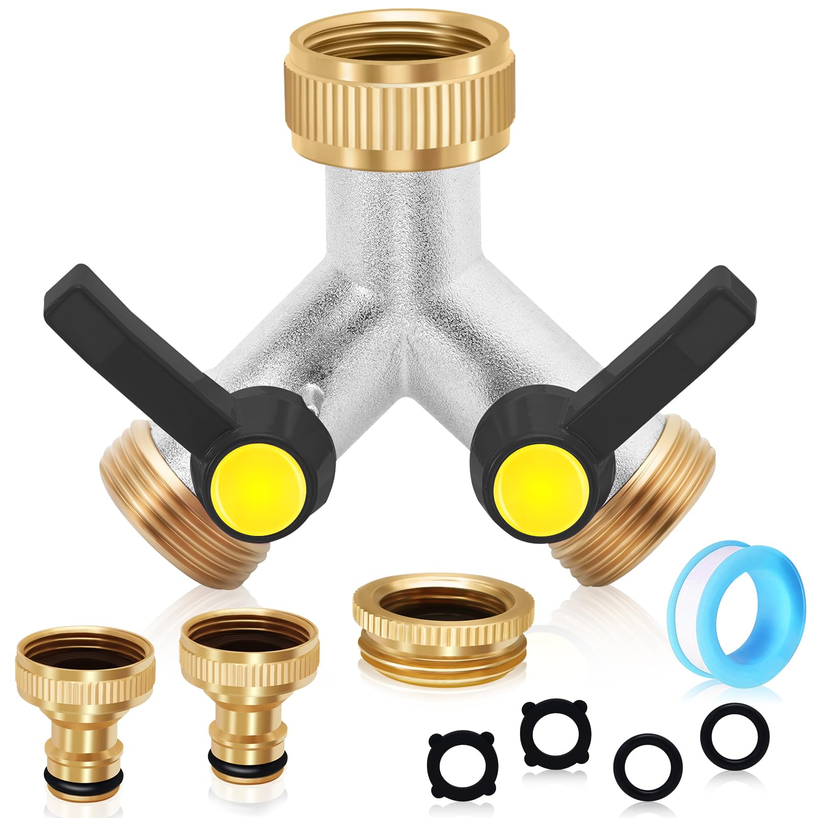 FANOVO Tap Y Garden Hose Splitter, Brass 3/4” 2 Way Tap Splitter Manifold with 2 Individual On/Off Valves and Extended Handles, Pipe Hose Splitter Connector for Home Garden Outdoor