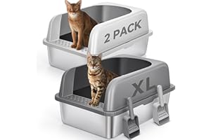 AUFYA 2 Pack Stainless Steel Cat Litter Box with Lid, XL Extra Large Metal Box for Big Cats, 24" L x 16" W x 12" H, Enclosed Litter Box High Sided, Non-Sticky, Include Litter Scoop