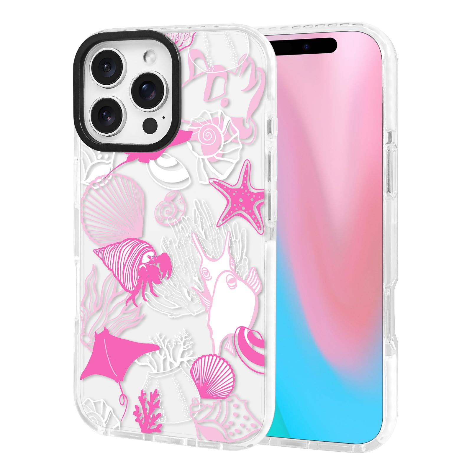 Photo 1 of ChiCsFleur for iPhone 16 Pro Max Case, TPU Phone case with Camera Protection for Women Girls Teens - Pink Preppy Sea Manta Y2K Shell Starfish Elegant Aesthetic Unique Artsy Coral Ocean Gift