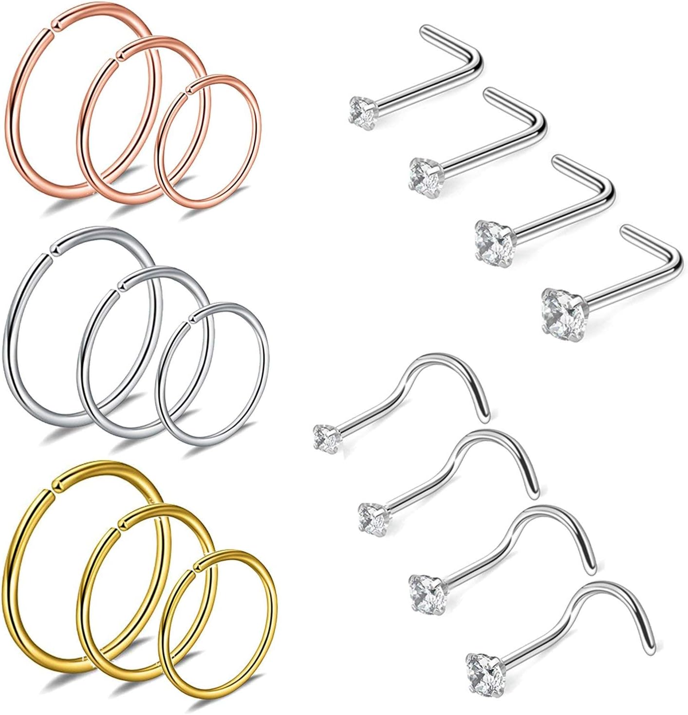 JNINIA Nose Rings, 17pcs 8/10/12mm Nose Rings Hoops Stainless Steel Nose Stud Nose Rings 1.5mm-3mm CZ Gems Body Piercing