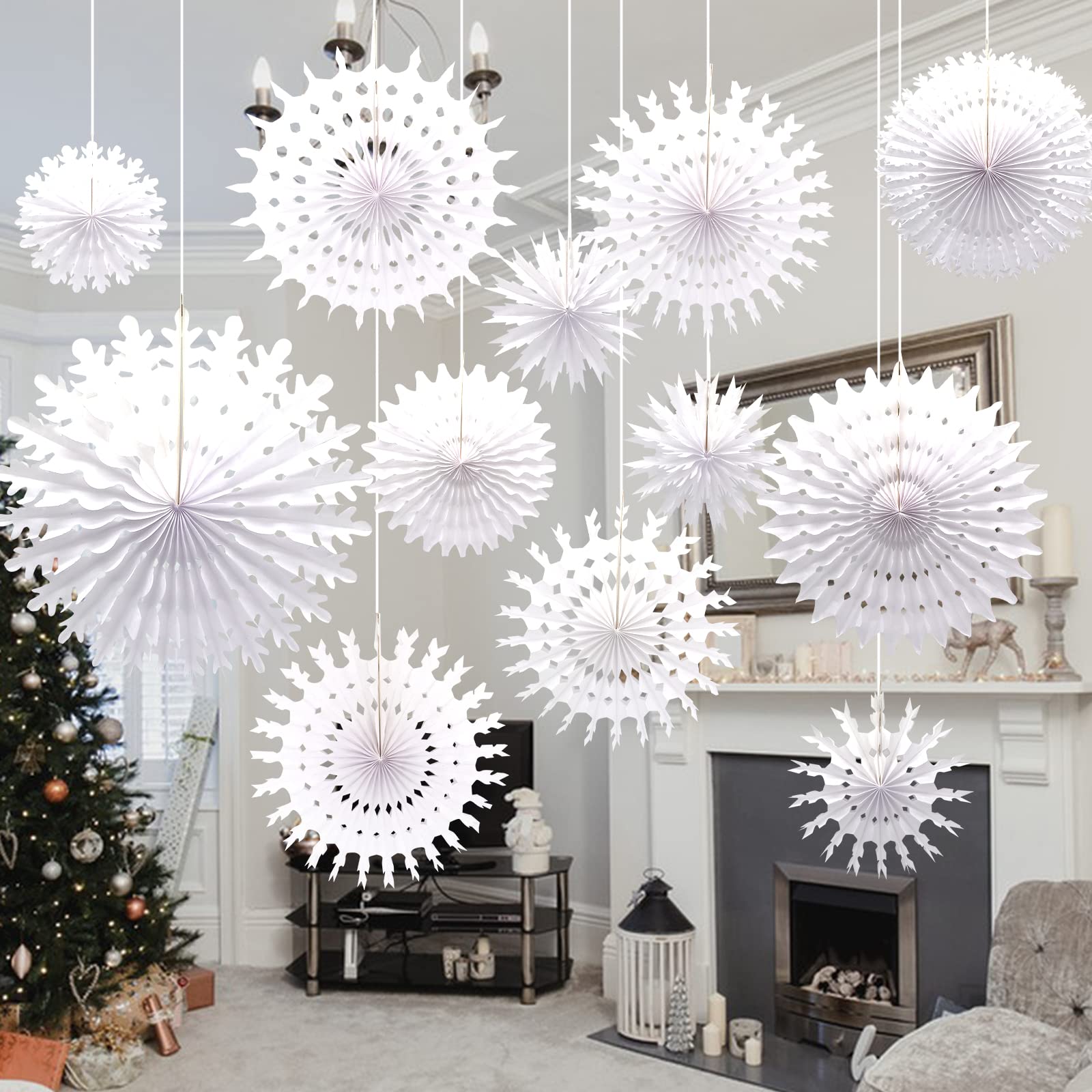 MAINOSHY 16PCS Christmas Paper Snowflake Hanging Decorations White Snowflake Paper Fans for Winter Home Christmas Wedding Decorations