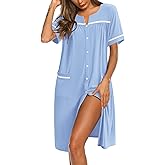 Ekouaer Nightgowns for Women Cotton House Dress with Pockets Button Down Night Gown Short Sleeve Duster Housecoat S-3XL
