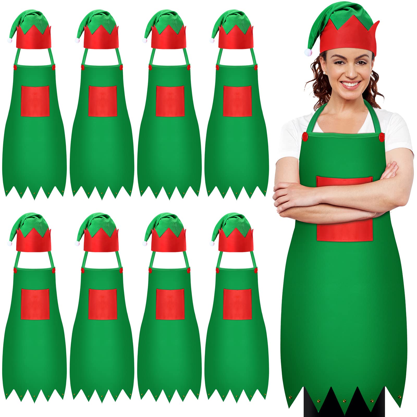 View 1 of 1 Pieces Christmas Elf Apron Kits Red and Green Adults Elf Costume for Women Santa Aprons Hats Christmas Party Costume (Green)