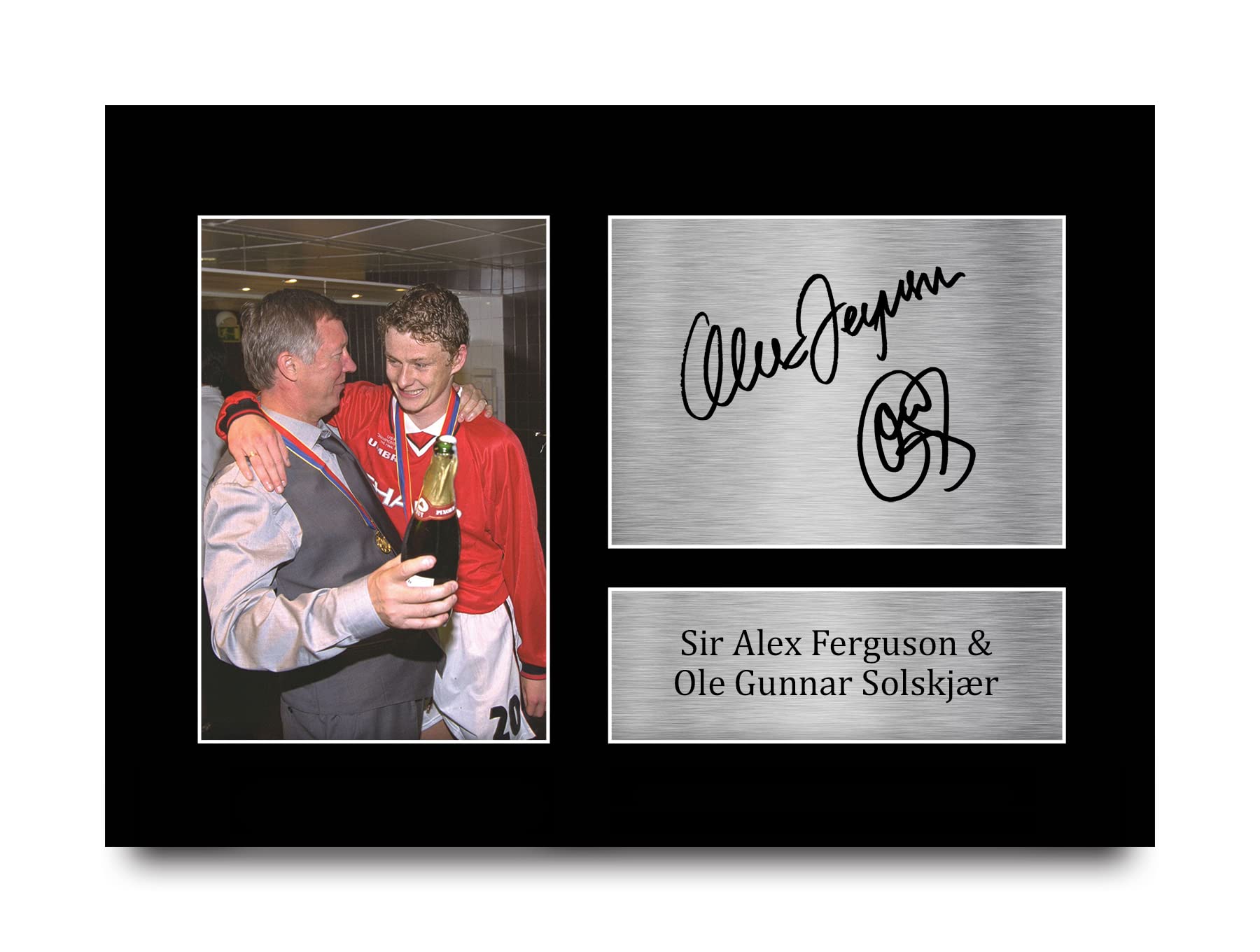 HWC Trading A4 Ole Gunnar Solskjaer & Sir Alex Ferguson 1999 Treble Gifts Printed Signed Autograph Picture for Fans and Supporters - A4
