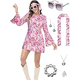 Wianja 70s Outfits for Women, 7pcs Disco Dress Necklace Earrings Sunglass Bracelets Ring Disco Party Supplies