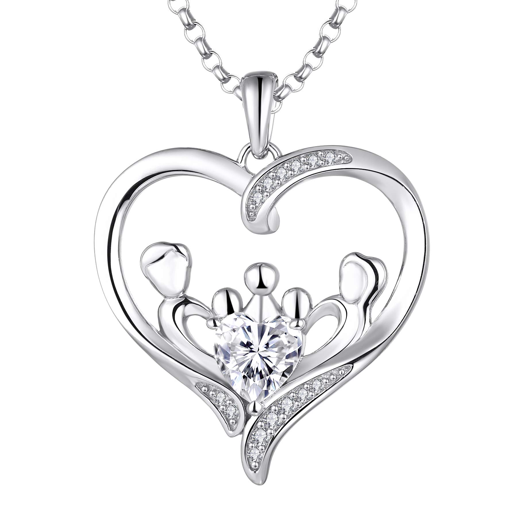 JO WISDOM Women Mum Heart Necklace,925 Sterling Silver Mother Daughter/Son 3 Kids Father Family 3A Cubic Zirconia April Birthstone Pendant Necklace,Gift for Mom