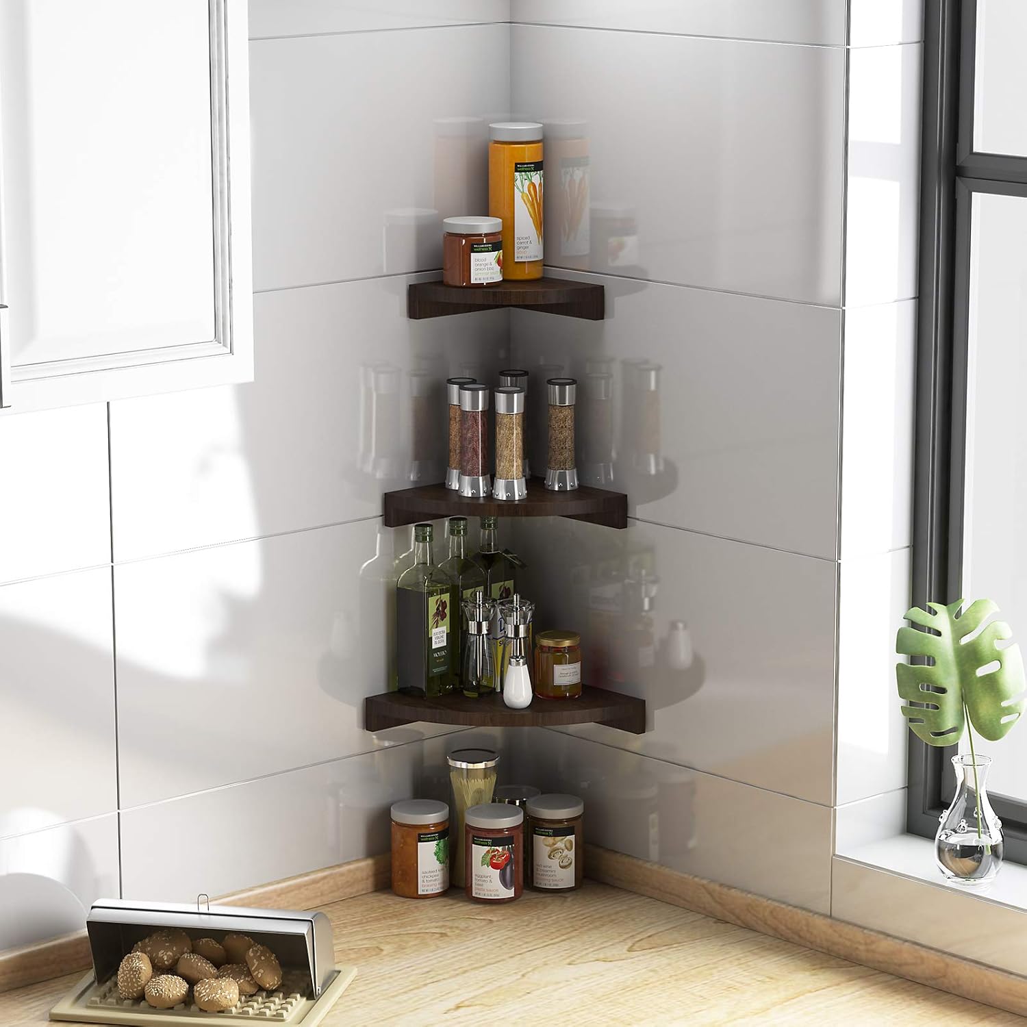 OROPY 3 Tier Radial Corner Shelves for Wall , Solid Wood Floating Corner Storage Shelves - Ideal for Display of Books, Small Plant, Photos, Wall Décor ( One Set of 3 ): Kitchen & Dining