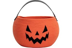 Goodpick Pumpkin Basket for Halloween, Cute Candy Basket with Handles, Orange Woven Rope Trick or Treat Bucket