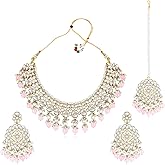 Aheli Silver Plated Kundan & Green Beads Studded Choker Necklace Dangle Earrings & Maangtikka Set Ethnic Jewellery Gift for Women
