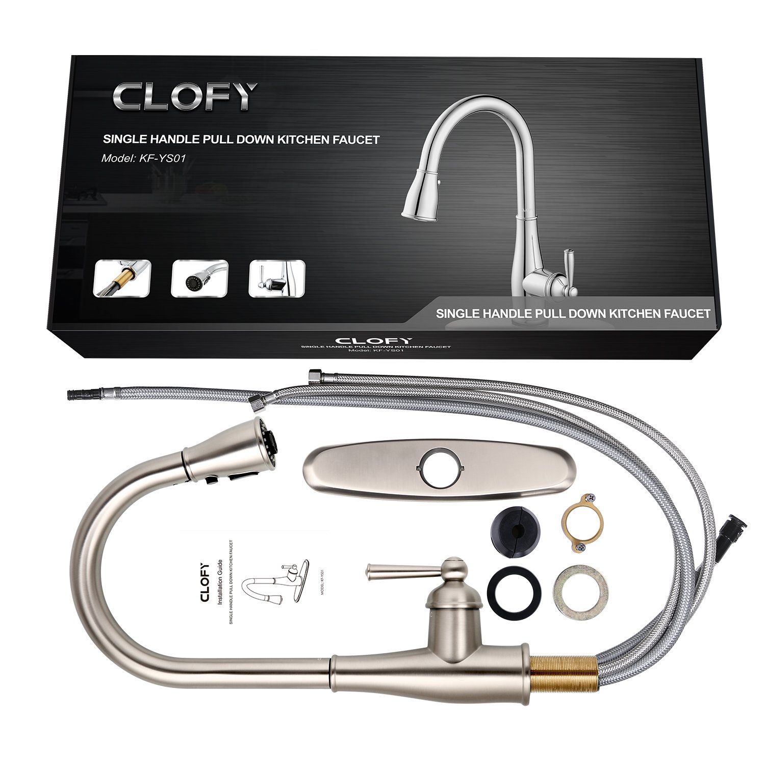 CLOFY Kitchen Sink Faucet - 3 Function Spray Single Handle High Arc Brushed Nickel Pull out Kitchen Faucet, Kitchen Sink Faucets with Pull down Sprayer