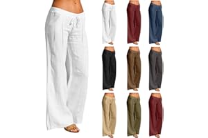 Linen Pants for Women Drawstring Wide Leg Casual Pant Elastic Waisted Cotton Beach Flowy Loose Trouser with Pockets