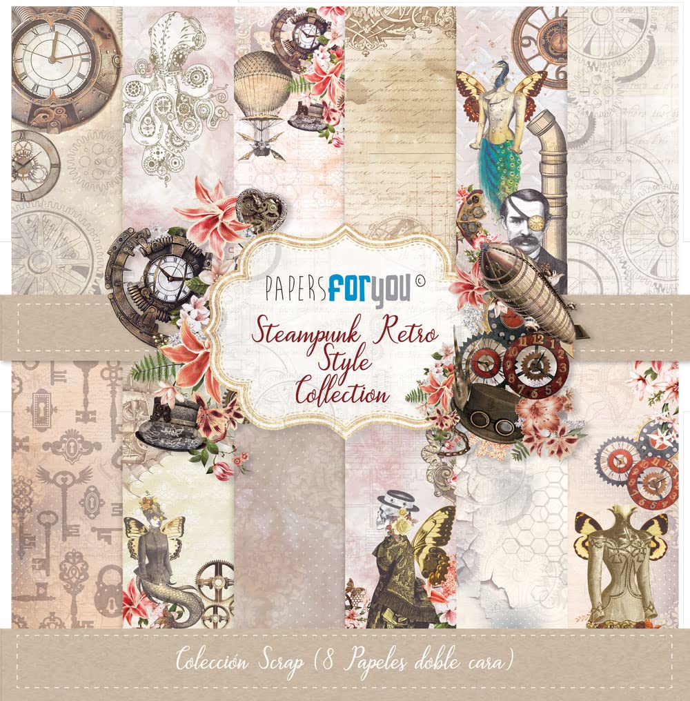 Papers for You - Scrapbooking and Craft Paper Kit Steampunk Retro Style Collection | Includes 10 Double Sided Papers with Different Patterns | Size 30,48 x 30,48 cm (12" x 12")