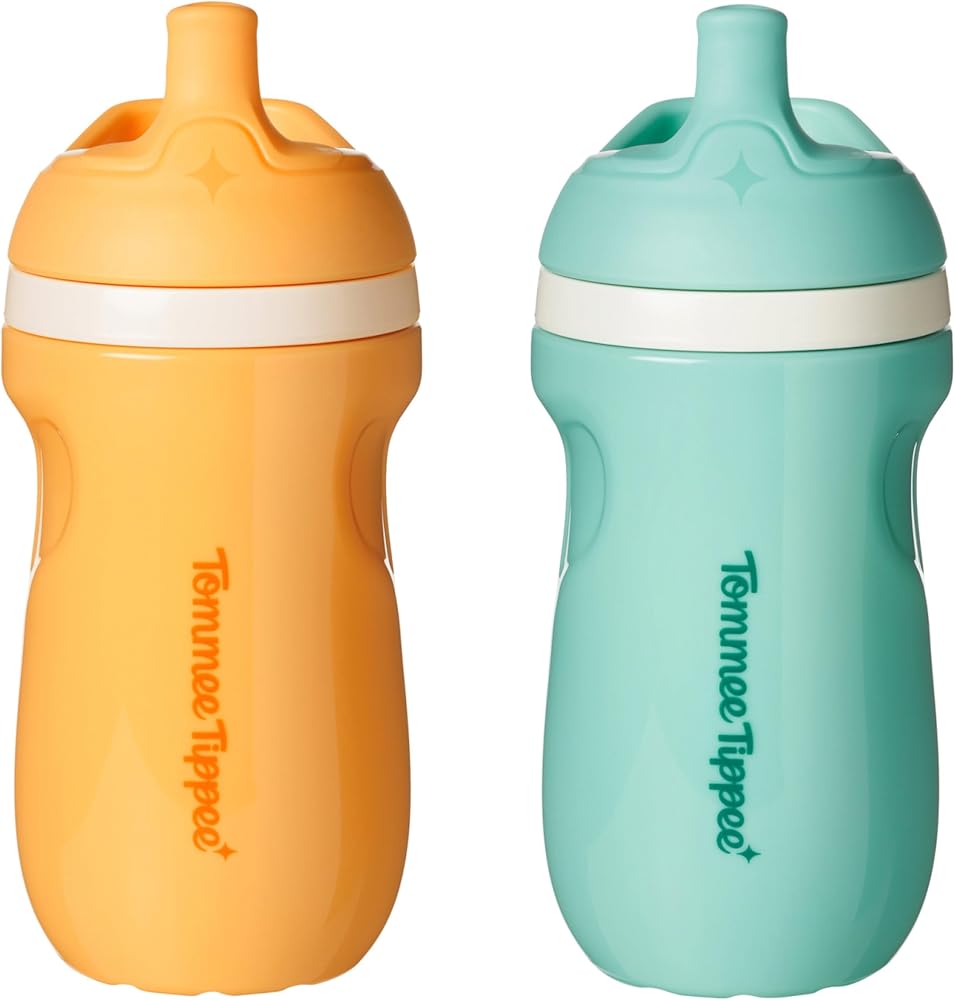 Tommee Tippee Toddler Sippy Cup, Sporty Spout, 1-3 Years, Insulated | Pack of 2, 9oz, No Spill Two-Piece Valve, Light Blue &
