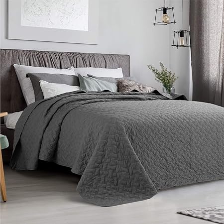 Gesteppte Tagesdecke 220x240 cm Grau für Doppelbett Schlafzimmer, Bettüberwurf mit modernem Korbgeflechtmuster Uni Wende-Desi