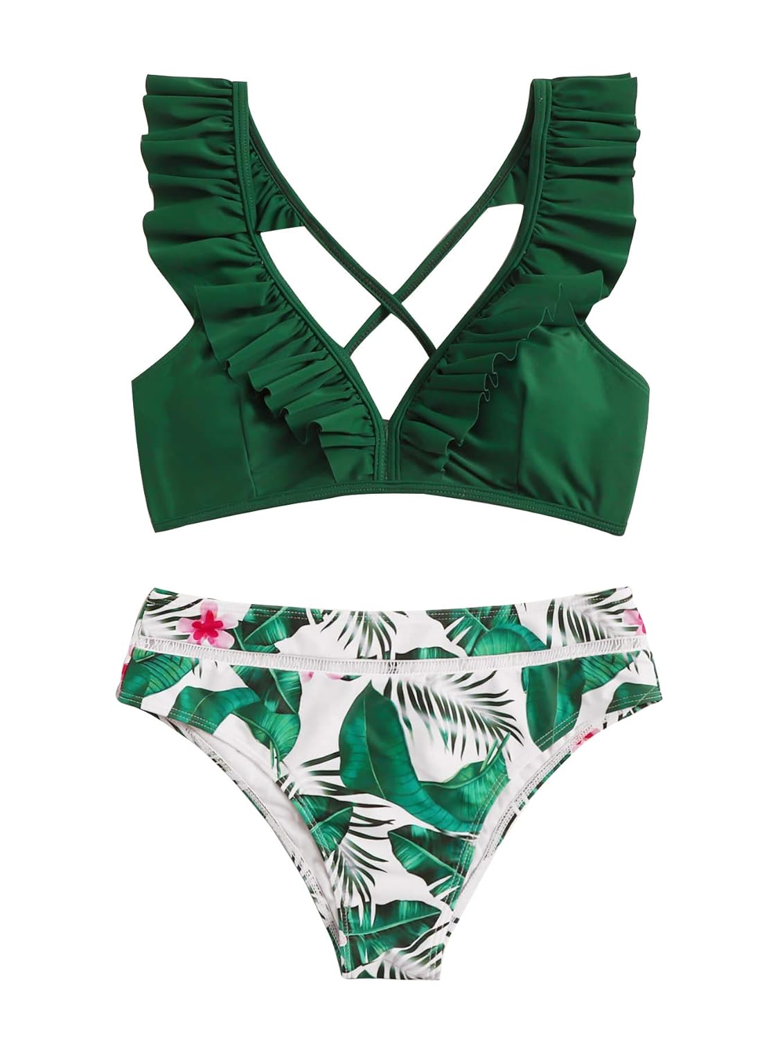 floral ruffle lace up bikini
