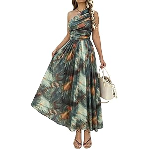 Evzeiem Women Summer One Shoulder Maxi Dress Sleeveless Ruched Mesh Long Beach Vacation Floral Sundresses Wedding Guest Dress