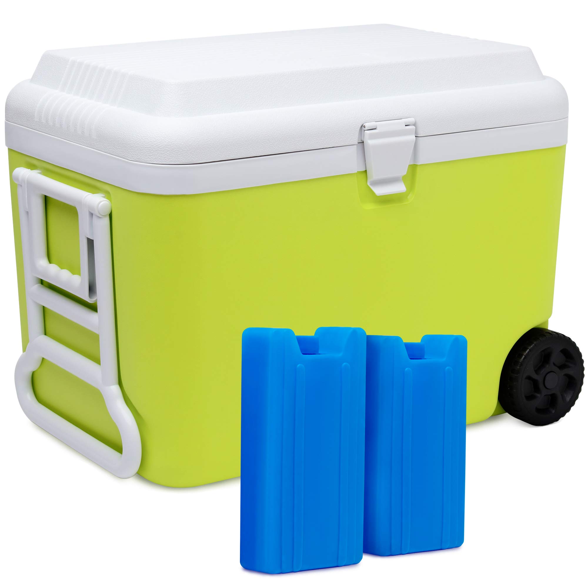 SUNMER 50L Plastic Cooler Box with Wheels - Large Cool Box with 2 Ice Packs & EPS Insulation - Keeps Cold 48 Hours, Wheeled Ice Chest & Camping Cooler - Portable Food Cooler for Beach - Lime
