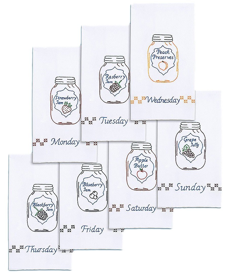 Jack Dempsey Needle Art Stamped White Decorative Hand Towels, Mason Jars Days Of The Week Set of 7, Cotton