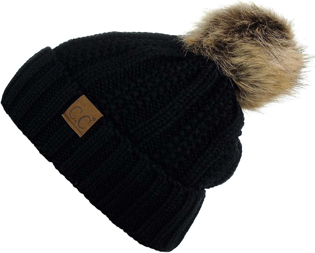 C.C Thick Cable Knit Faux Fuzzy Fur Pom Fleece Lined Skull Cap Cuff Beanie, Black at  Women’s Clothing store