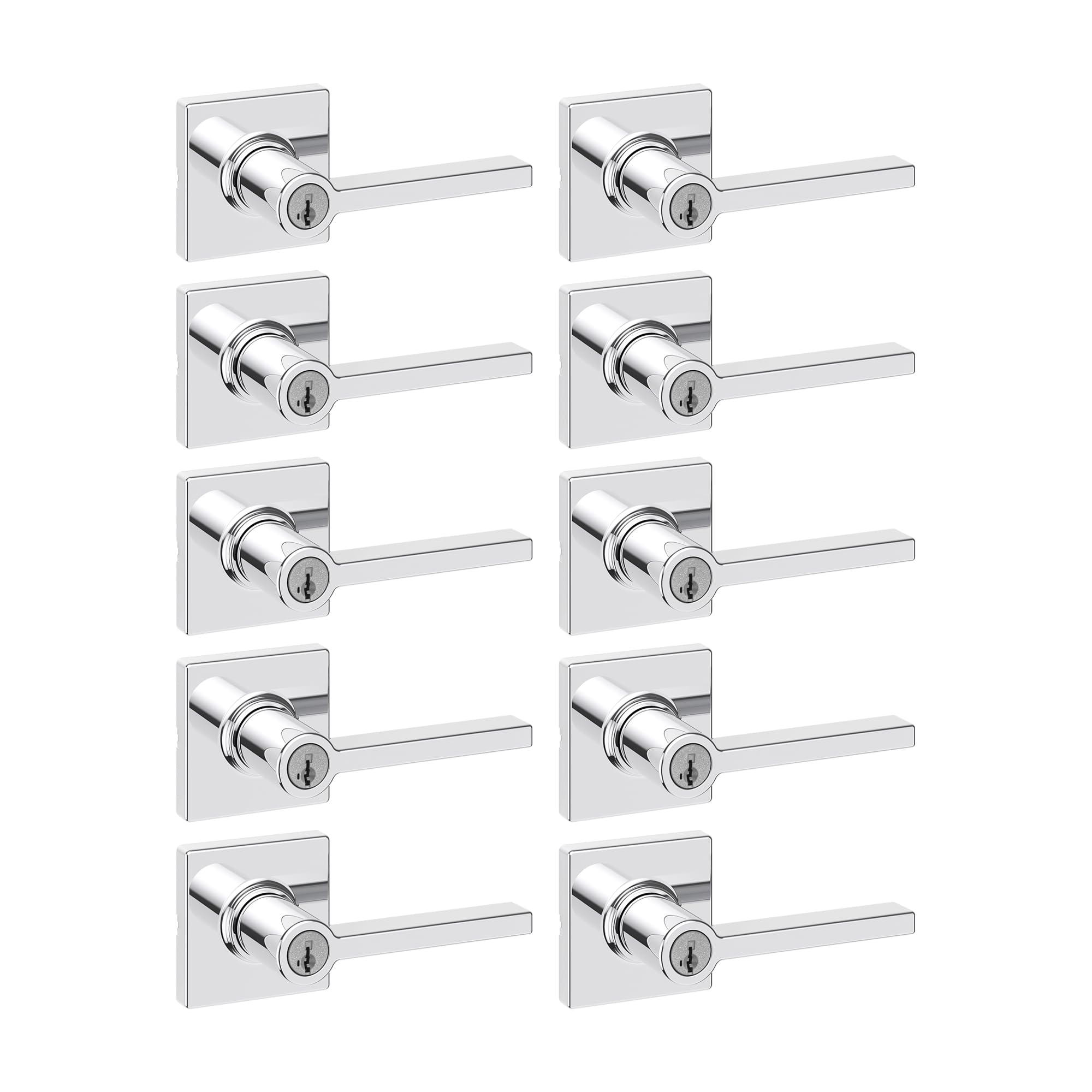 Kwikset Casey Entry Door Handle with Lock and Key, Secure Keyed Reversible Lever Exterior, for Front Entrance and Bedrooms, Polished Chrome, 10 Pack, Pick Resistant SmartKey Rekey Security Image
