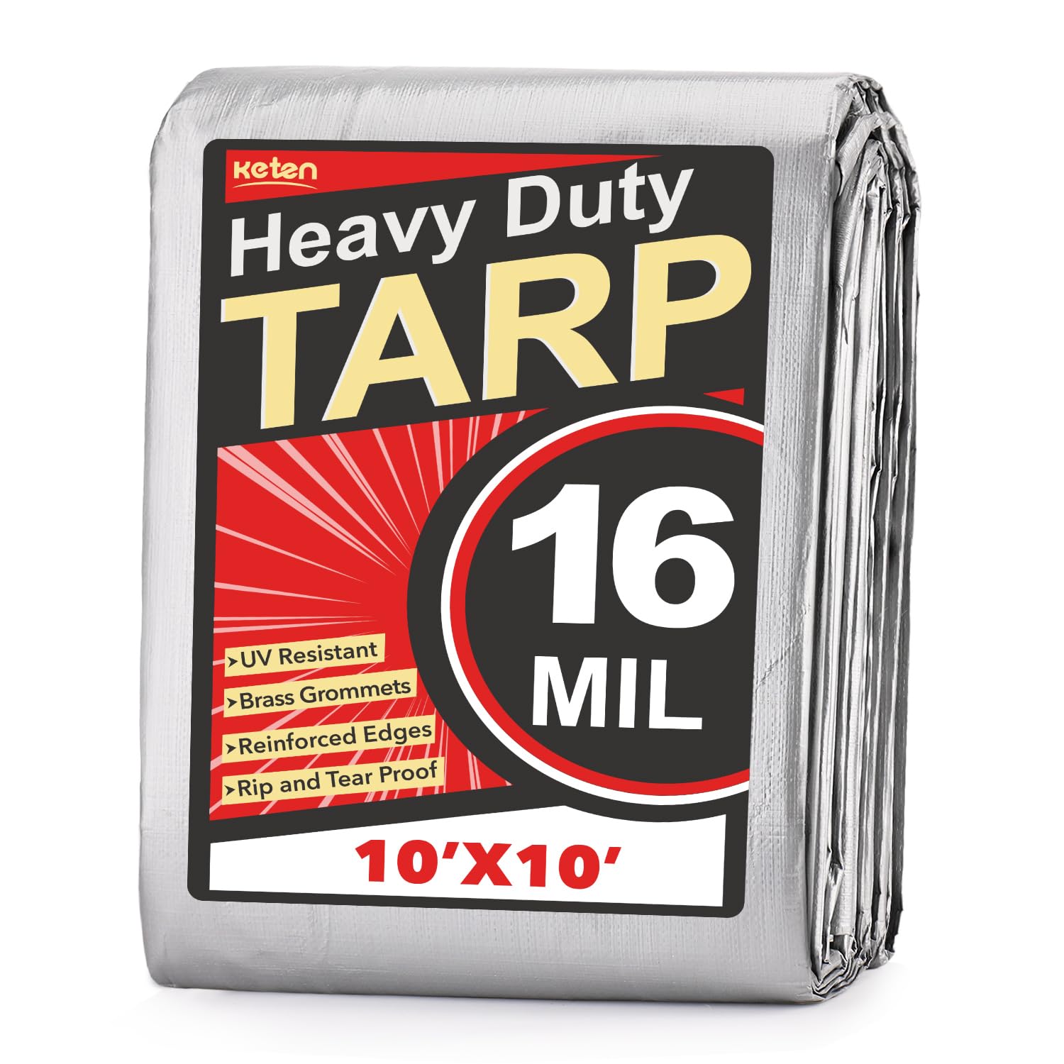 Keten Tarps Heavy Duty Waterproof 10X10 Feet, Extra Thick 16 Mil, Tear & Fade Resistant, UV Blocking, Outdoor Tarp with Reinforced Grommets for Roof, Camping, Patio, Pool, Boat(Silver/Black) Image