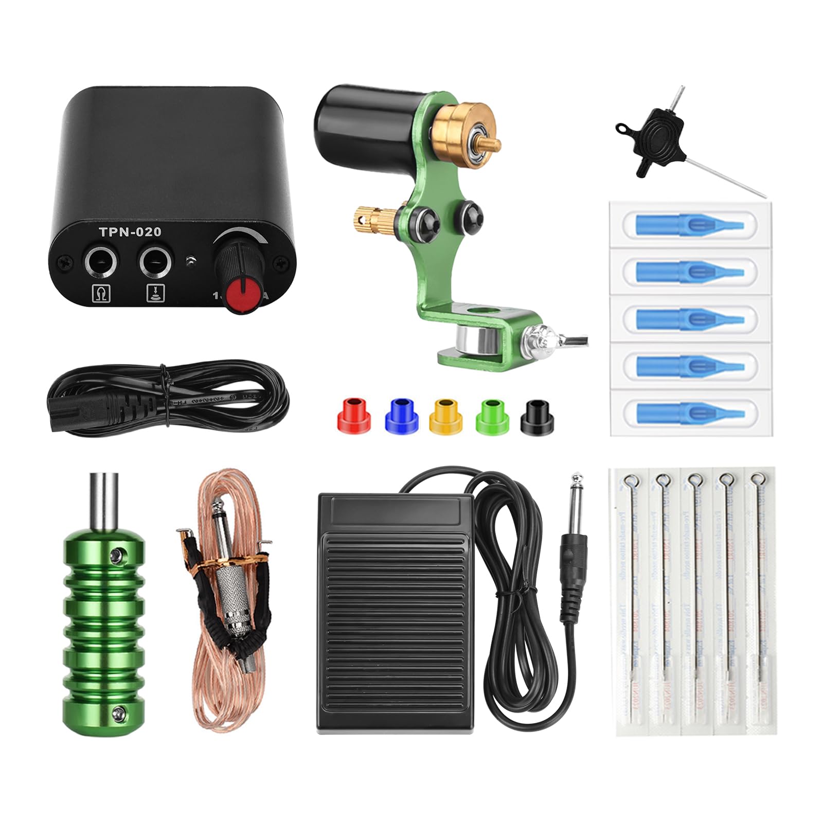 ATOMUS Professional Complete Tattoo Machine Set - 1 Tattoo Machine Gun, Power Supply, Accessories, Foot Pedal, Clip Cord, Needles, Rubber Bands (Green)