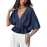 Floerns Women's Dolman Sleeve Peplum V Neck Pleated Ruffle Dressy Casual Blouse Tops