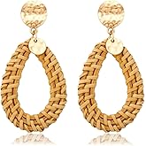 BSJELL Rattan Hoop Earrings Woven Handmade Straw Circle Drop Earrings Hammered Disc Stud Wicker Bohemian Lightweight Earrings for women