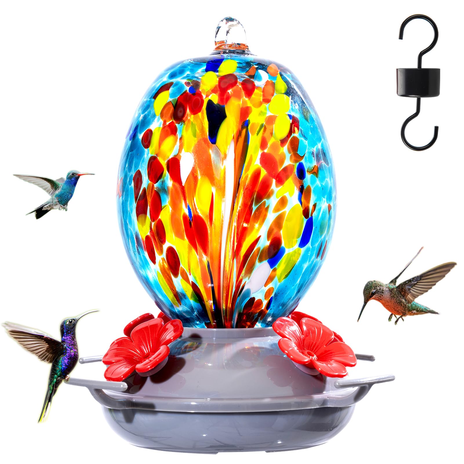 Photo 1 of Muse Garden Hand Blown Glass Hummingbird Feeder - 19OZ Plastic Base Humming Bird Feeders for Outdoors Hanging, Garden Decor Gifts for Bird Lovers, Blue Fireworks
